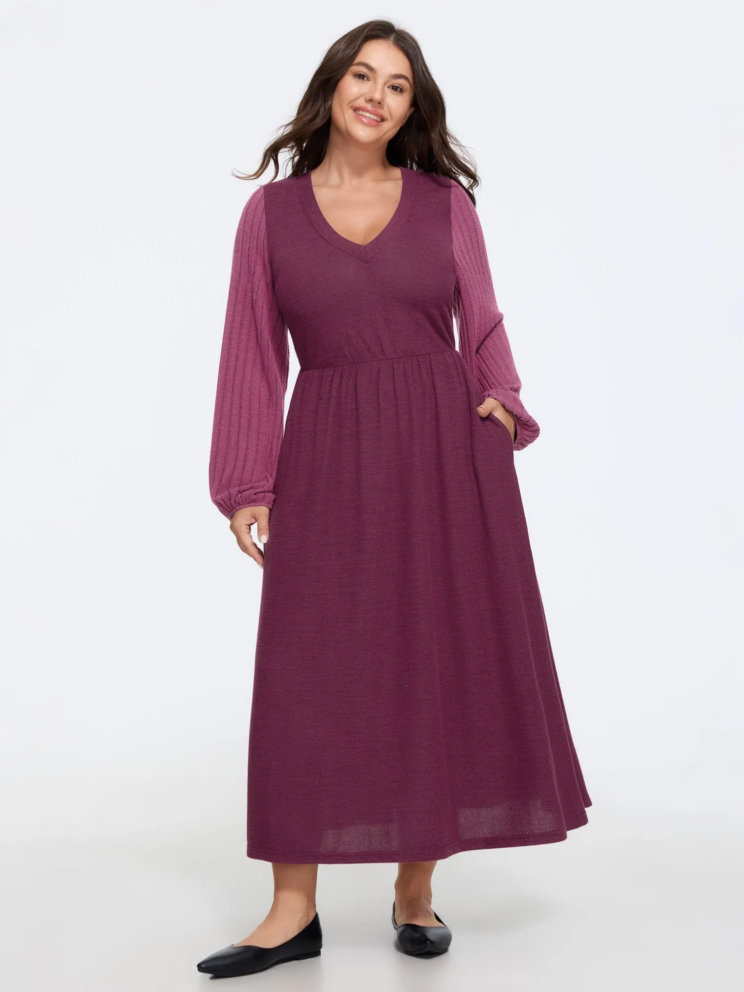 Stretch V Neck Ribbed Long Sleeve Midi Dress sold by Bloomchic
