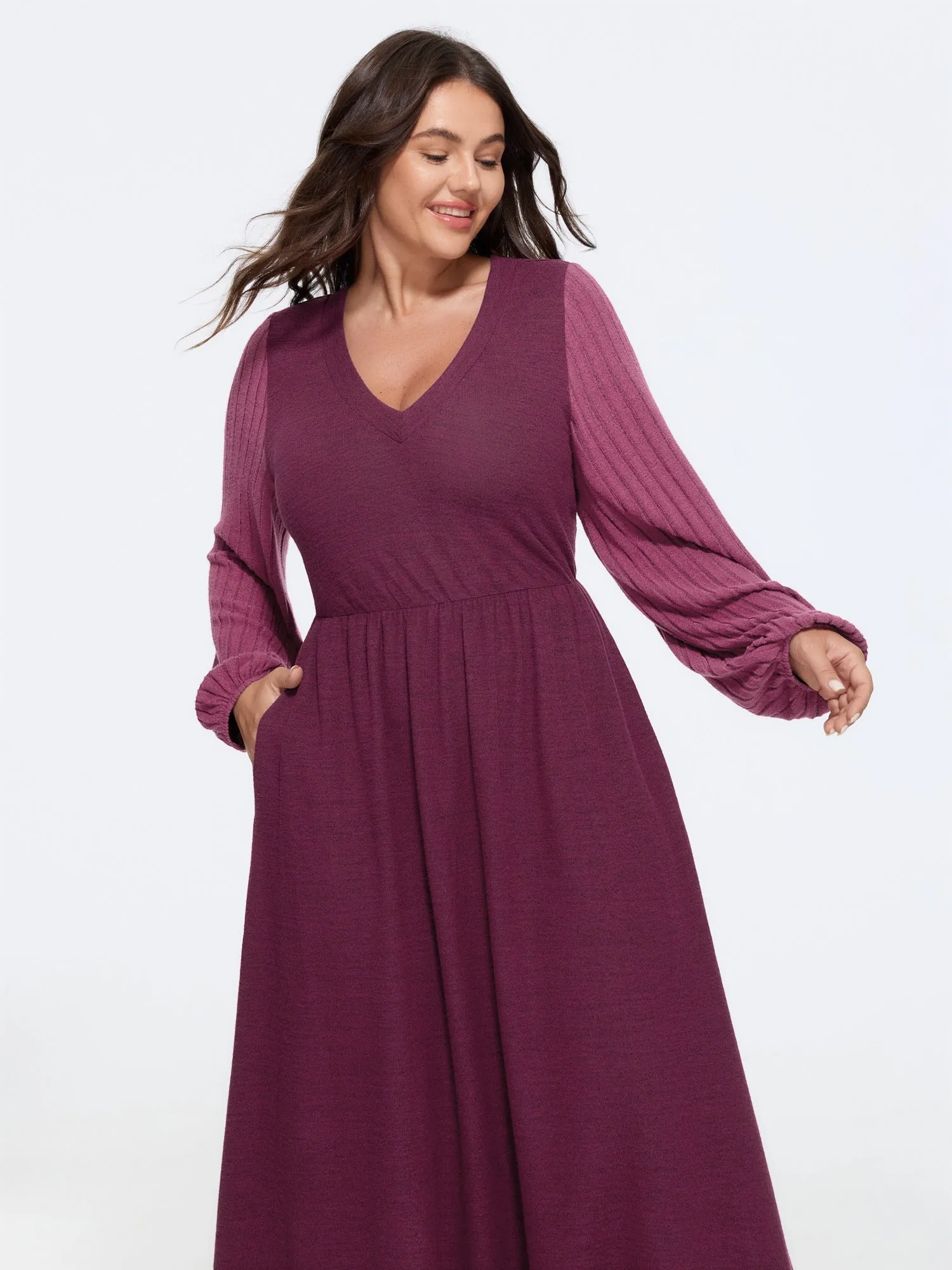 Stretch V Neck Ribbed Long Sleeve Midi Dress sold by Bloomchic product image thumbnail 4