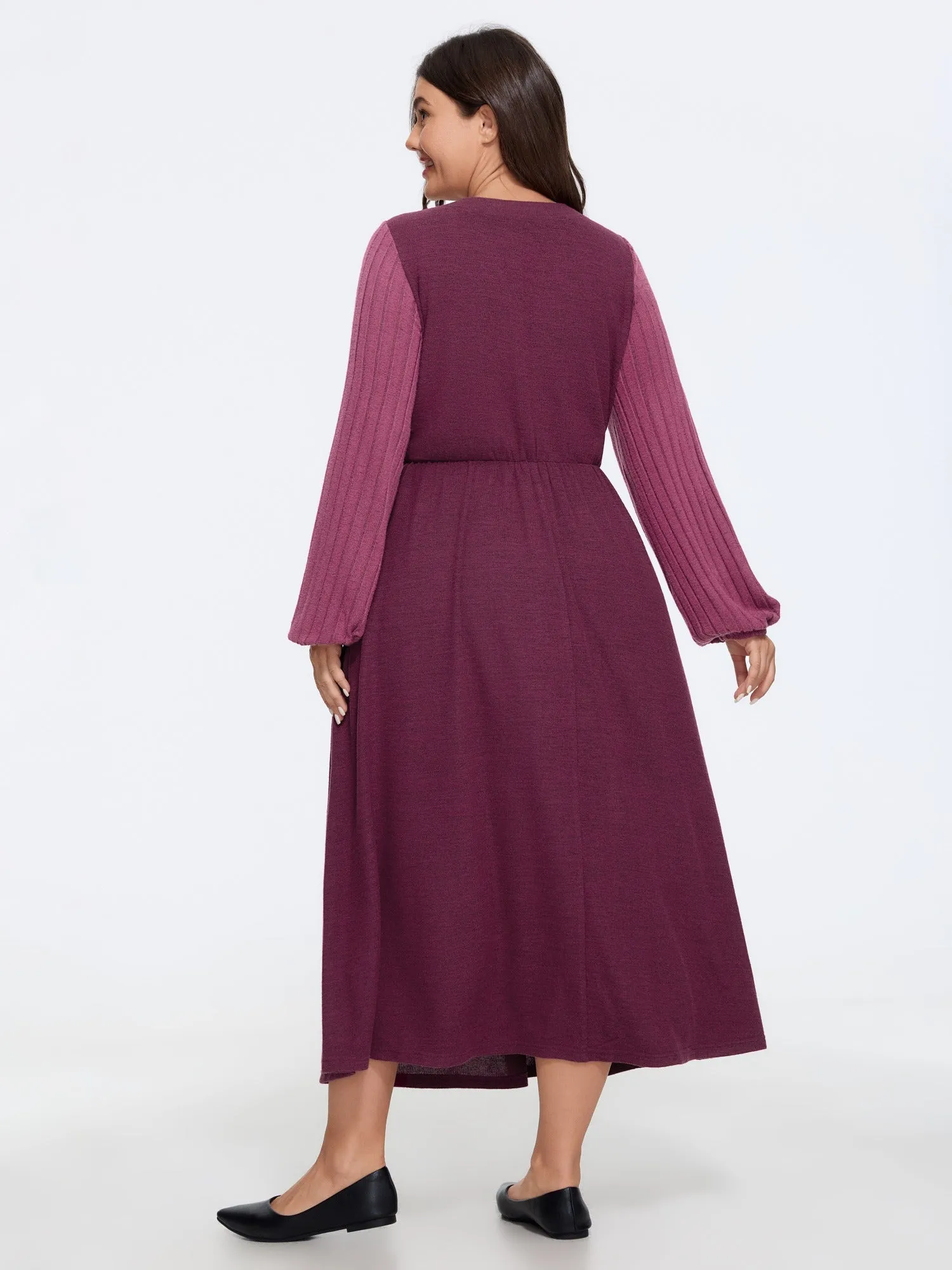 Stretch V Neck Ribbed Long Sleeve Midi Dress sold by Bloomchic product image thumbnail 3