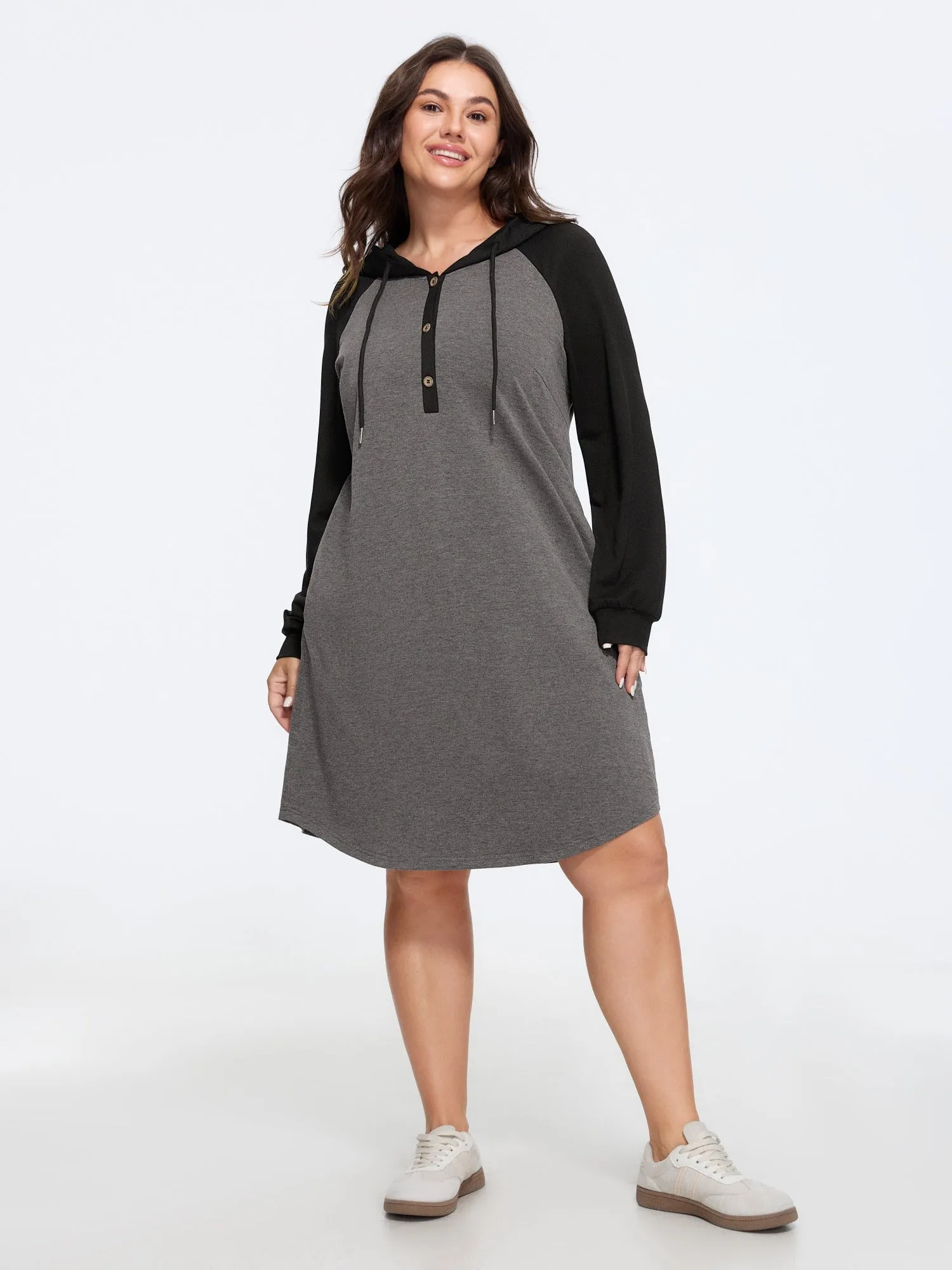 Stretch Color Block Raglan Sleeve Hooded Mini Dress sold by Bloomchic product image thumbnail 4