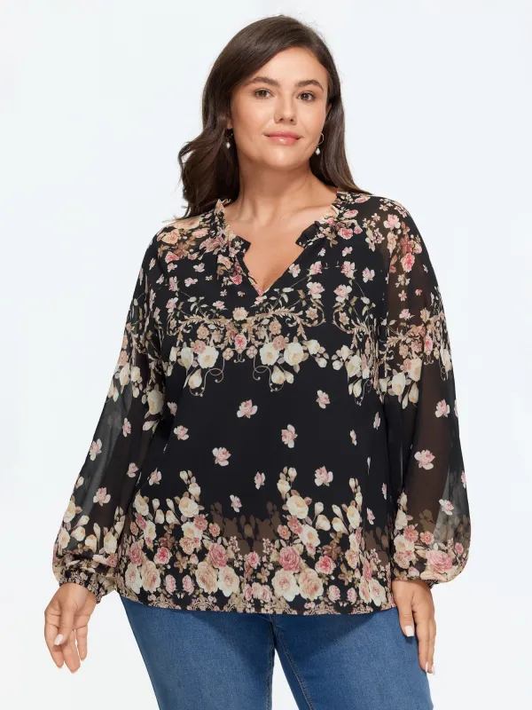 Floral Print Puff Sleeve Sheer Chiffon Blouse made by Bloomchic