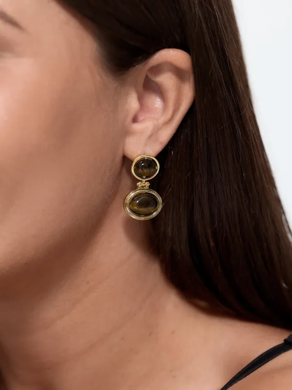 Vintage Oval Tiger Eye Stone Drop Earrings made by Bloomchic