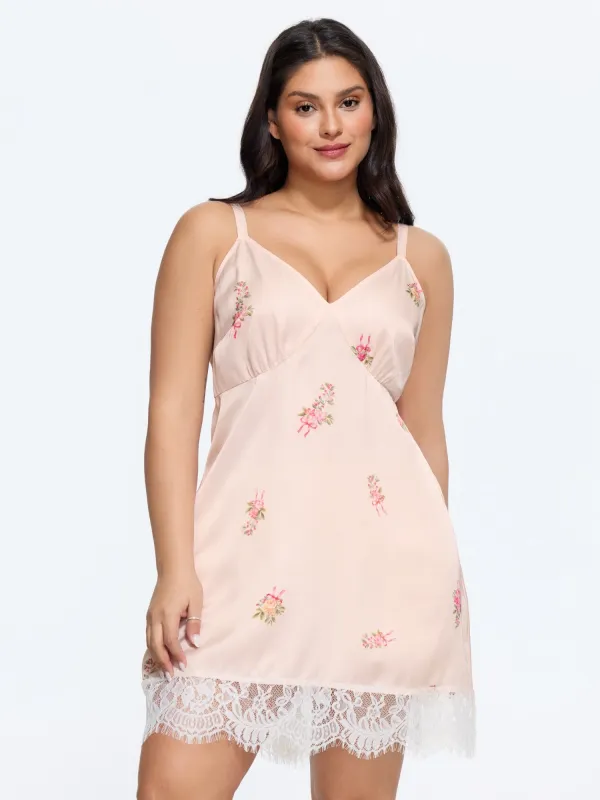 Floral Embroidery Lace Trim Satin Slip Nightgown made by Bloomchic