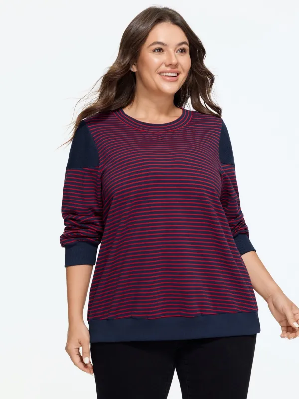Cotton Striped Color Block Round Neck Sweatshirt made by Bloomchic