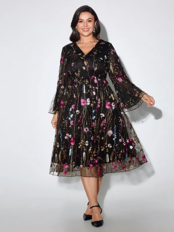 Floral Embroidery Sheer Mesh Bell Sleeve Midi Dress made by Bloomchic