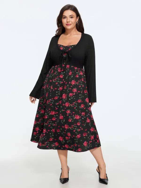 2 In 1 Rose Floral Print Tie Front Midi Dress made by Bloomchic