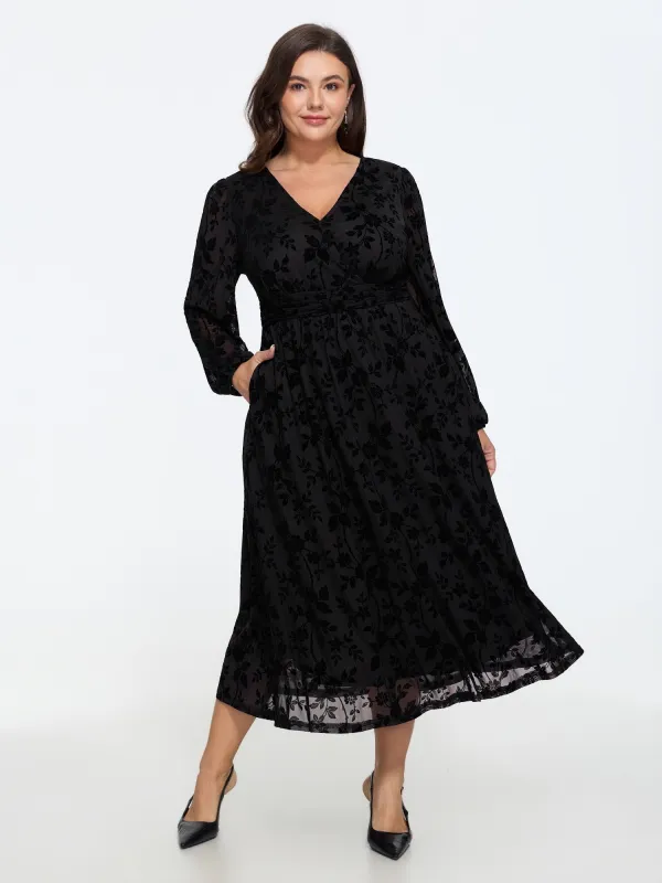 Flocking Floral Mesh V Neck Wrap Midi Dress made by Bloomchic