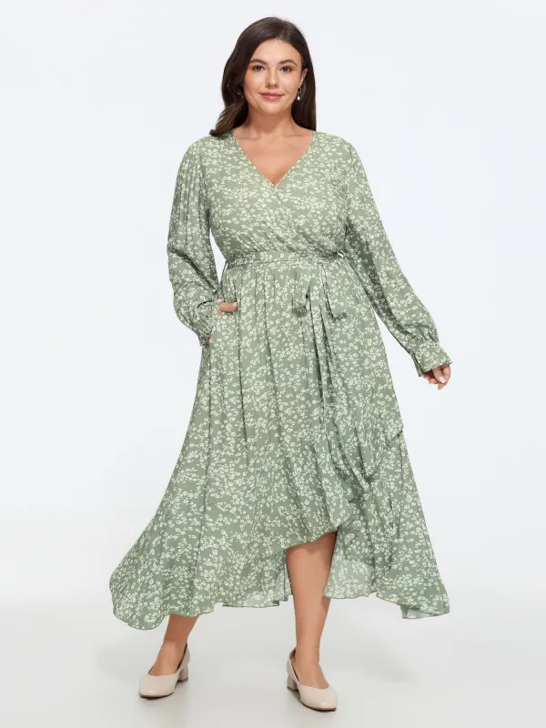 Floral Print Waist Tie Asymmetrical Hem Midi Dress made by Bloomchic