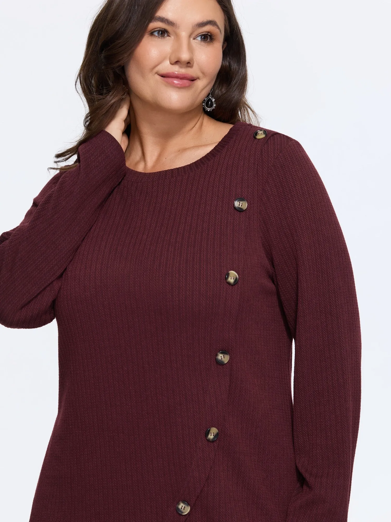Round Neck Asymmetrical Hem Button Detail Top sold by Bloomchic product image thumbnail 2
