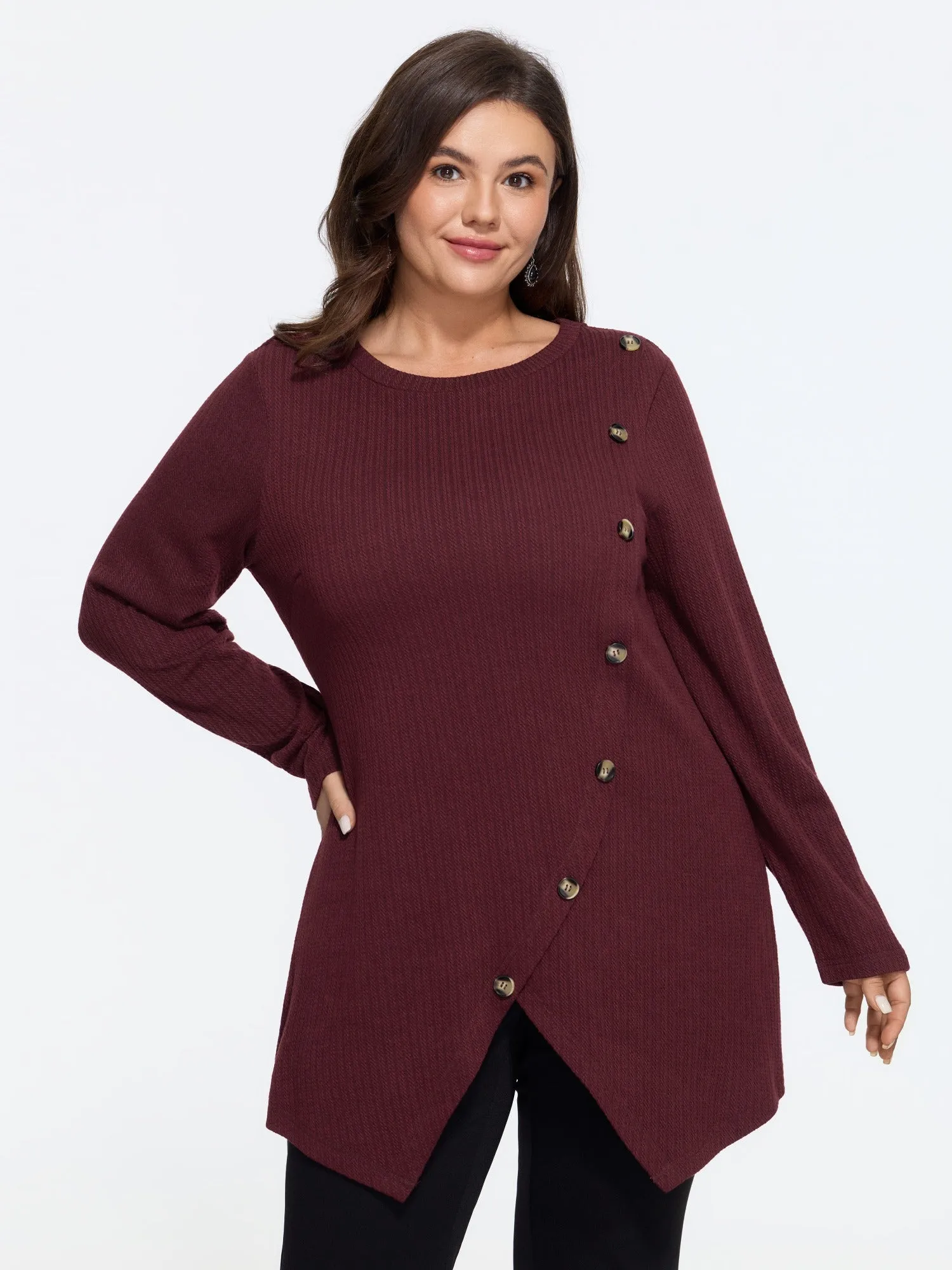 Round Neck Asymmetrical Hem Button Detail Top sold by Bloomchic