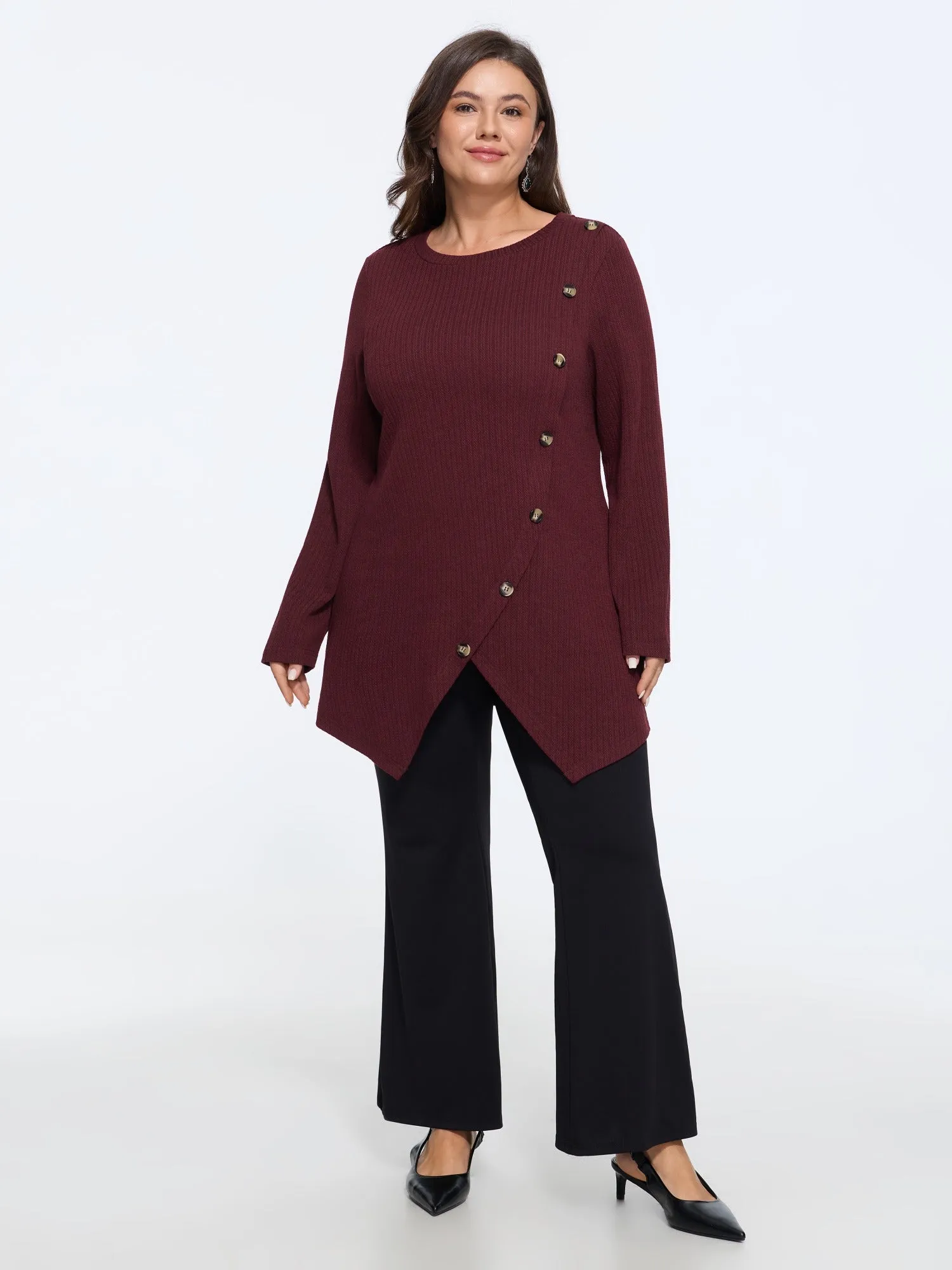 Round Neck Asymmetrical Hem Button Detail Top sold by Bloomchic product image thumbnail 4