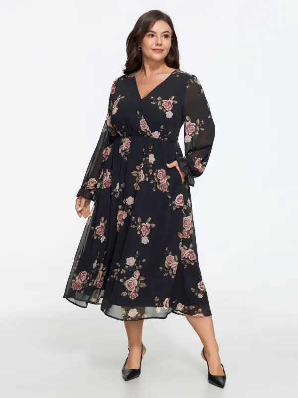 Rose Floral Print V Neck Flowy Midi Dress made by Bloomchic