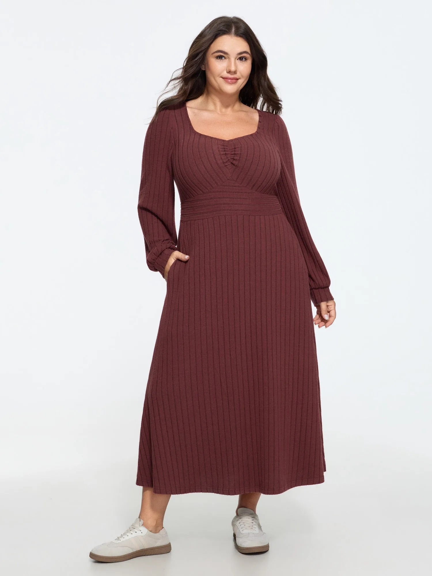 Stretch Ribbed Puff Sleeve Midi Dress sold by Bloomchic