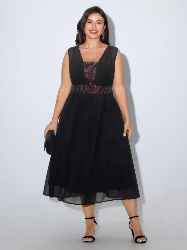 Sequin Patchwork Sleeveless Flowy Midi Dress made by Bloomchic