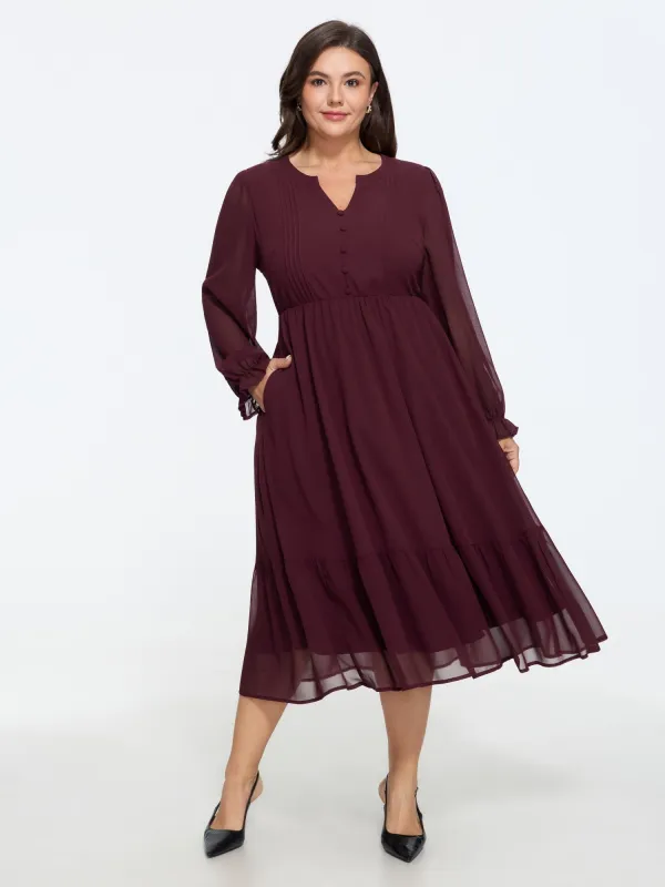 V Neck Pleated Ruffle Hem Flowy Midi Dress made by Bloomchic