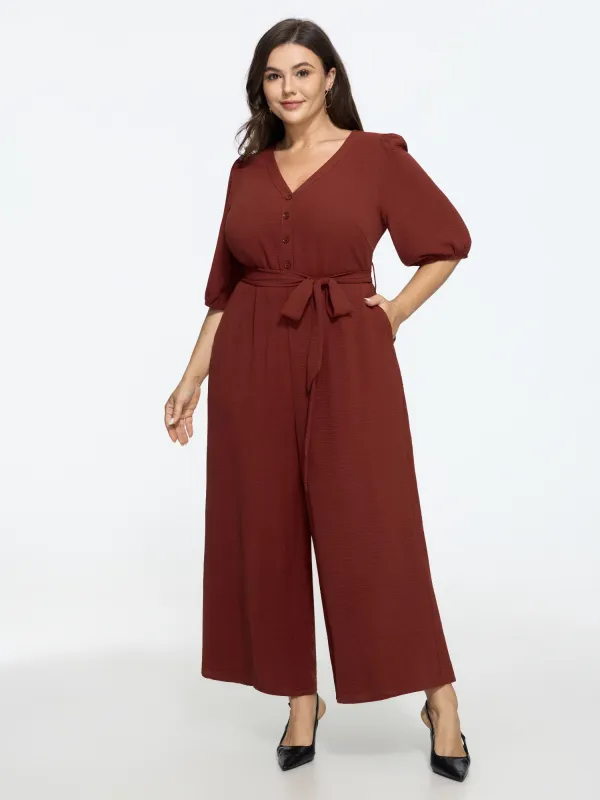 V Neck Bubble Sleeve Tie Waist Wide Leg Jumpsuit made by Bloomchic