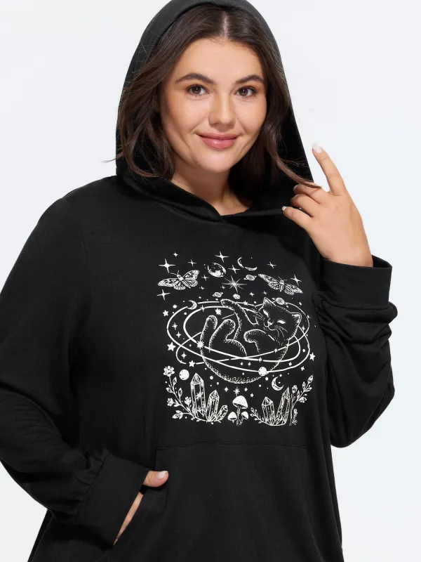Cat Print Pocket Hoodie Sweatshirt made by Bloomchic