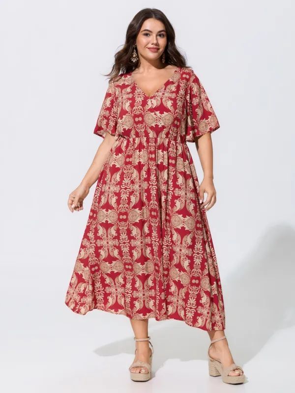 Boho Print V Neck Midi Dress made by Bloomchic