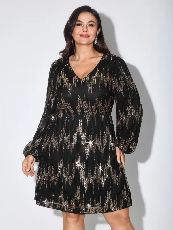 Sequin V Neck Long Sleeve Mini Dress made by Bloomchic