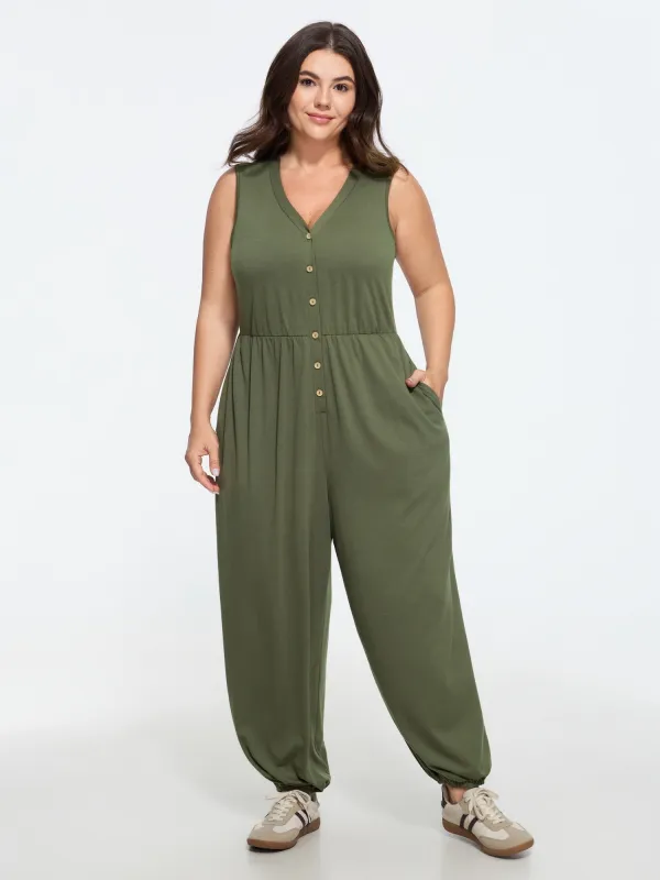 Supersoft Button Front Sleeveless Wide Leg Jumpsuit made by Bloomchic