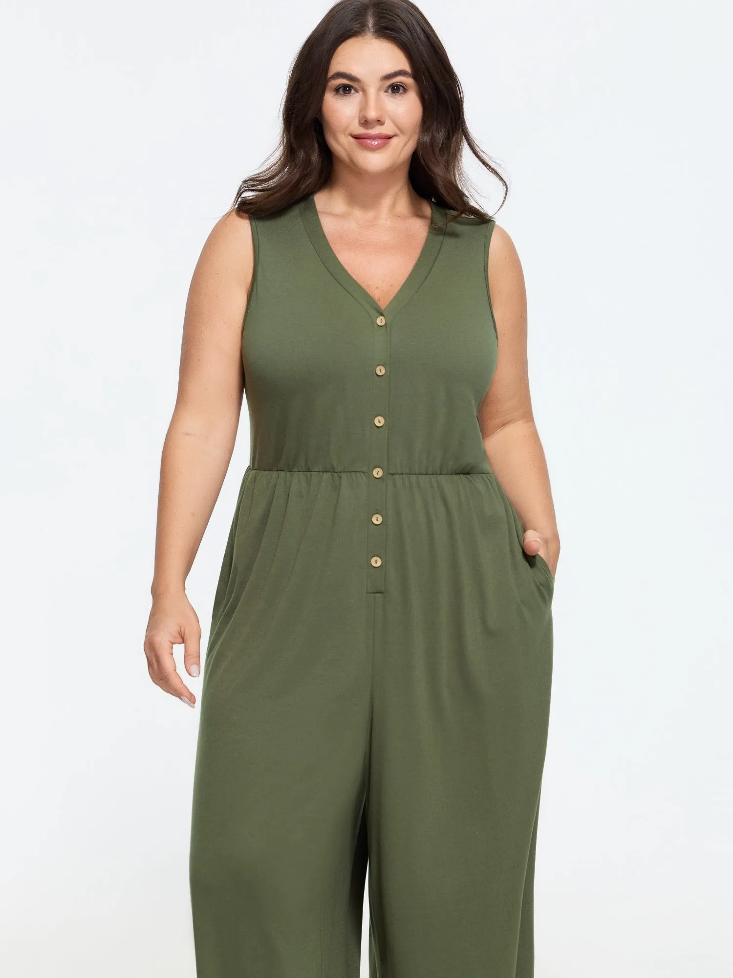 Supersoft Button Front Sleeveless Wide Leg Jumpsuit sold by Bloomchic product image thumbnail 4