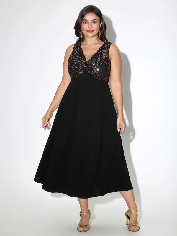 Sequin Twist V Neck Sleeveless Midi Dress made by Bloomchic