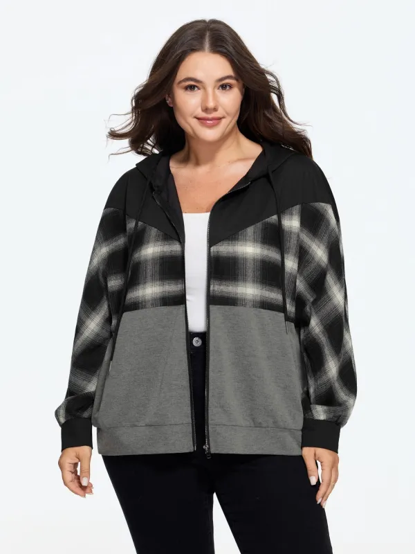 Plaid Color Block Drawstring Zipper Hoodie made by Bloomchic