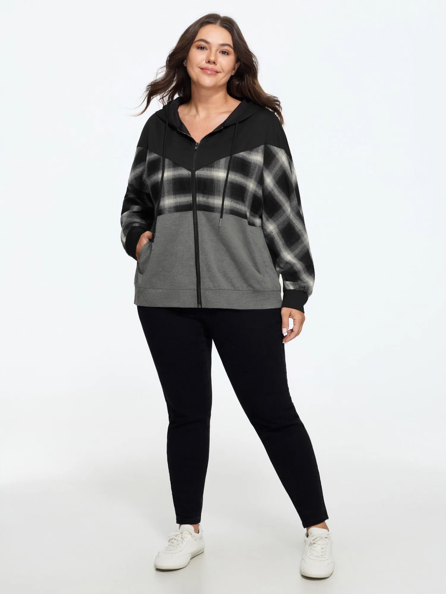 Plaid Color Block Drawstring Zipper Hoodie sold by Bloomchic product image thumbnail 4