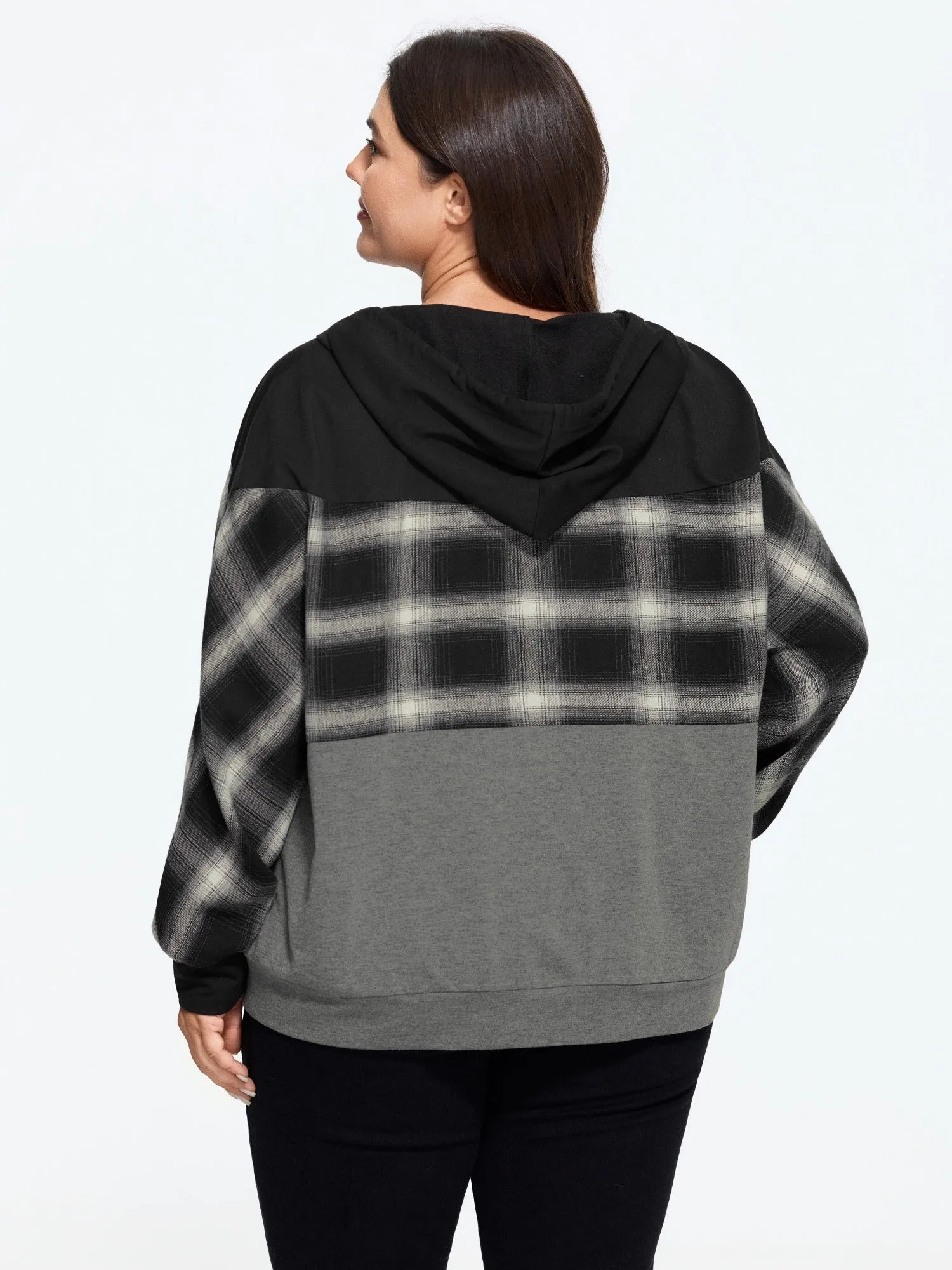 Plaid Color Block Drawstring Zipper Hoodie sold by Bloomchic product image thumbnail 3
