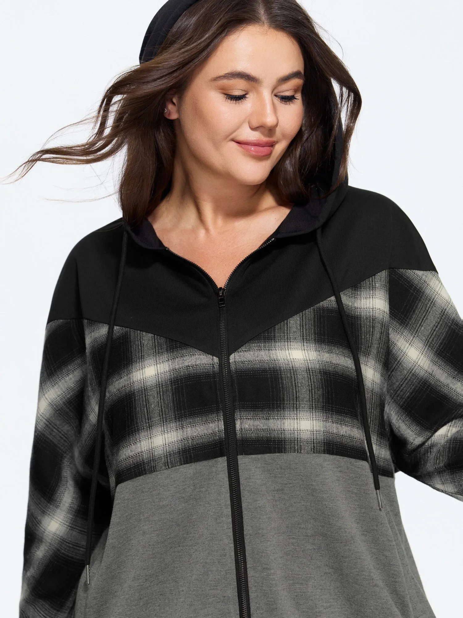 Plaid Color Block Drawstring Zipper Hoodie sold by Bloomchic product image thumbnail 2