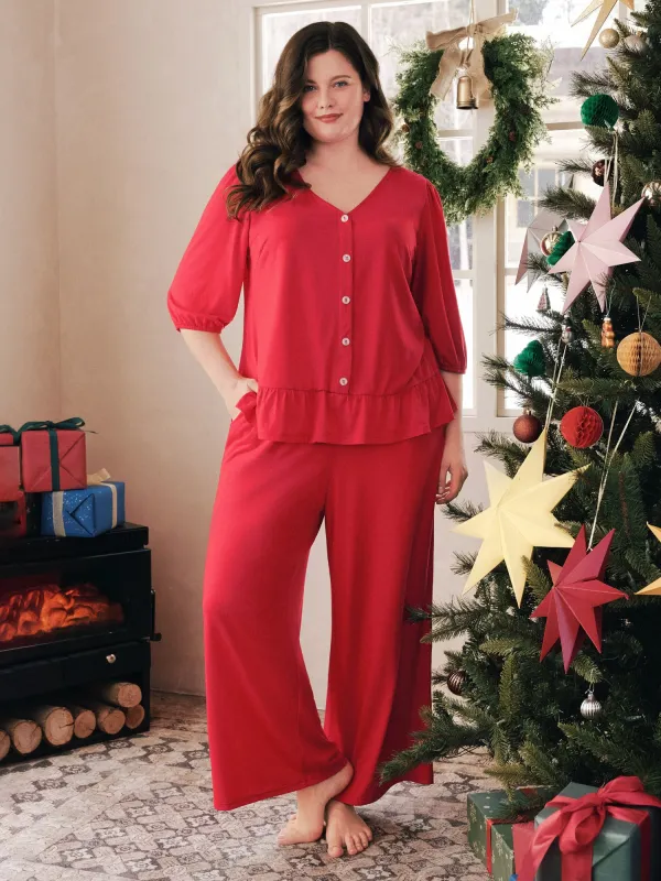 Stretchy V Neck 3/4 Sleeve Loungewear Set made by Bloomchic