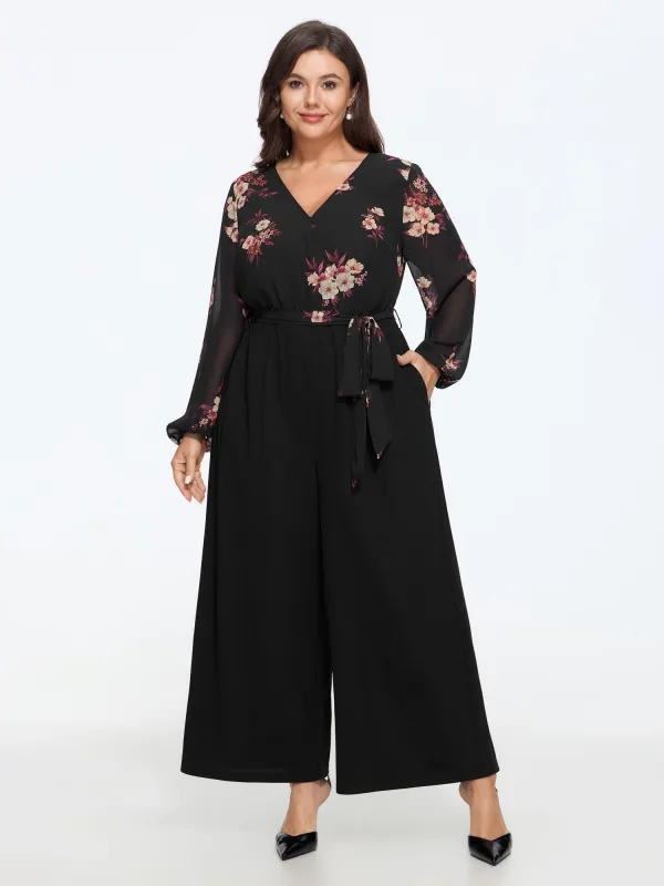 Floral Print Waist Tie Chiffon Wide Leg Jumpsuit made by Bloomchic
