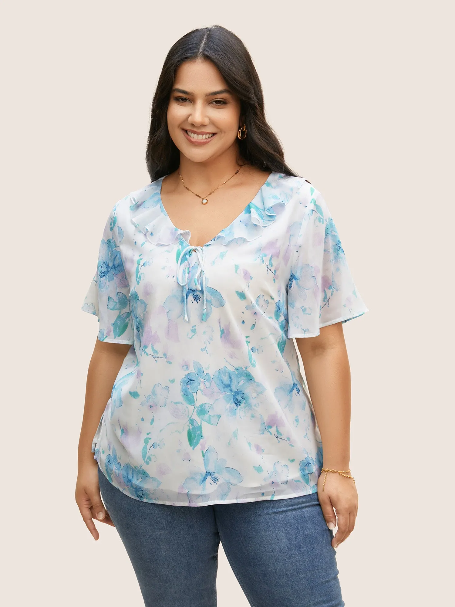 Lace Collar Floral Ruffle Trim Blouse sold by Bloomchic