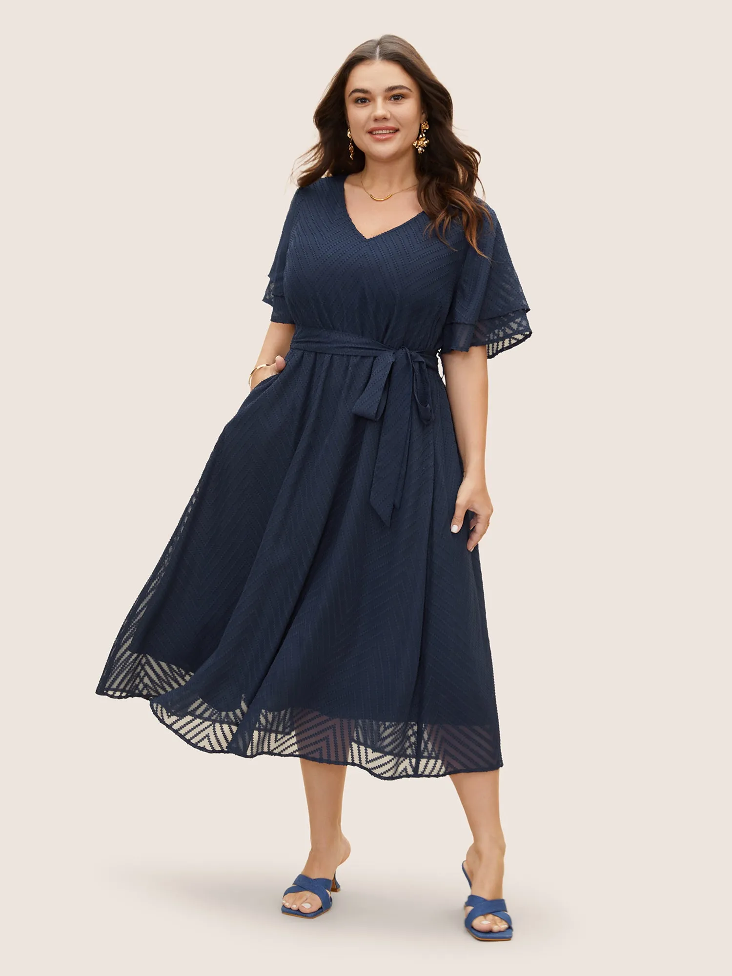 Texture Tiered Ruffle Sleeve See Through Dress sold by Bloomchic
