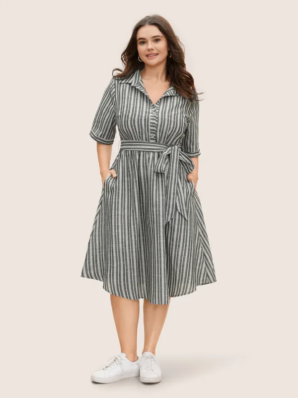 Shirt Collar Striped Button Up Belted Dress sold by Bloomchic