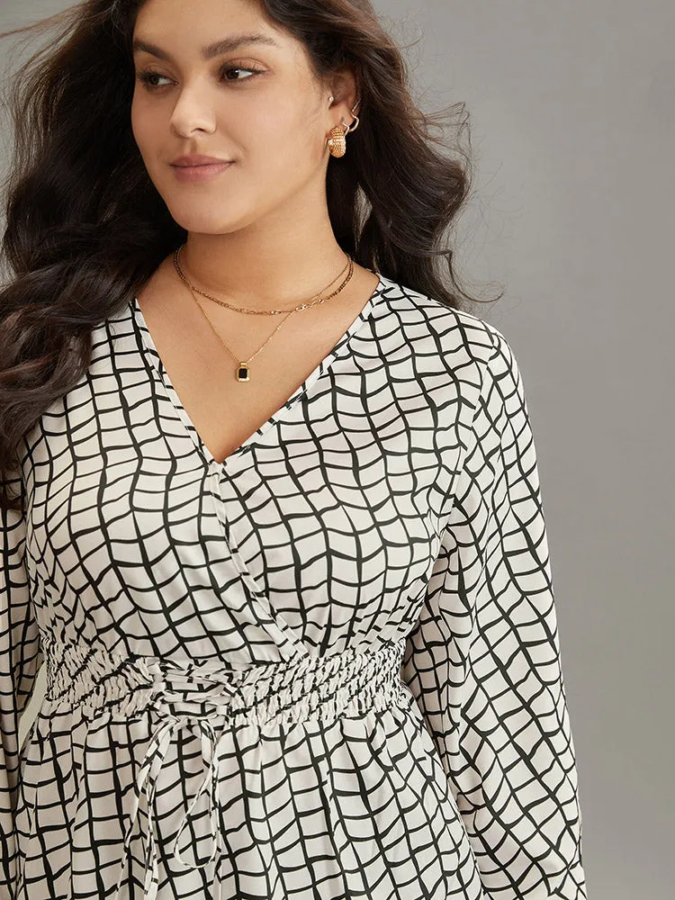 Plaid Lace Up Overlap Collar Shirred Blouse sold by Bloomchic product image thumbnail 4