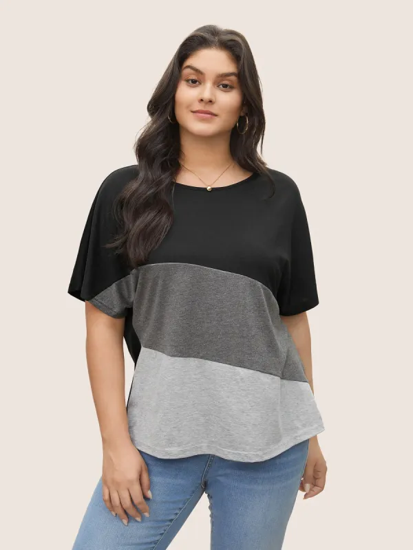 Colorblock Contrast Crew Neck Batwing Sleeve T-shirt sold by Bloomchic