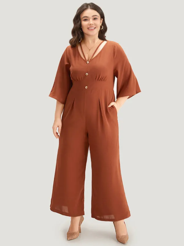 Plain Crisscross Plicated Detail Flutter Sleeve Jumpsuit sold by Bloomchic