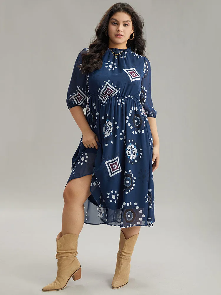 Geometric Mesh Stand Collar Frill Trim Dress sold by Bloomchic product image thumbnail 5