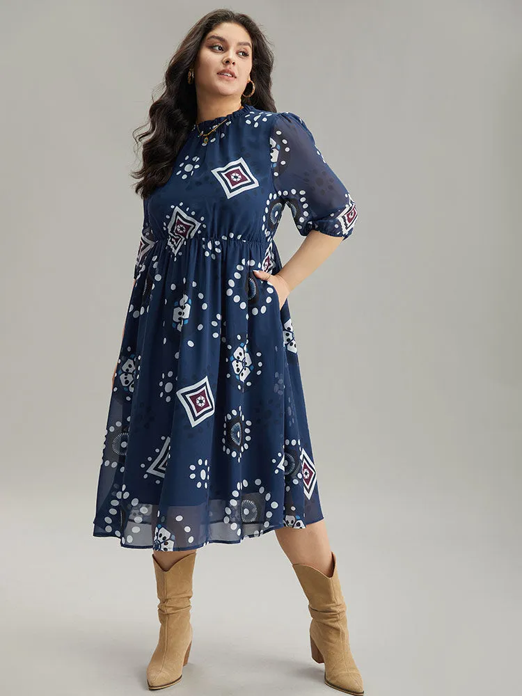 Geometric Mesh Stand Collar Frill Trim Dress sold by Bloomchic