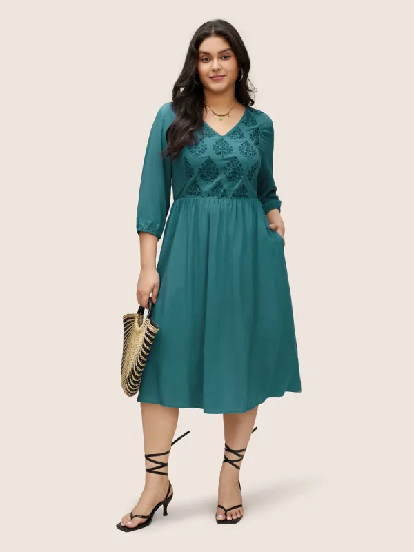 Plants Graphic Embroidered Lantern Sleeve Dress sold by Bloomchic