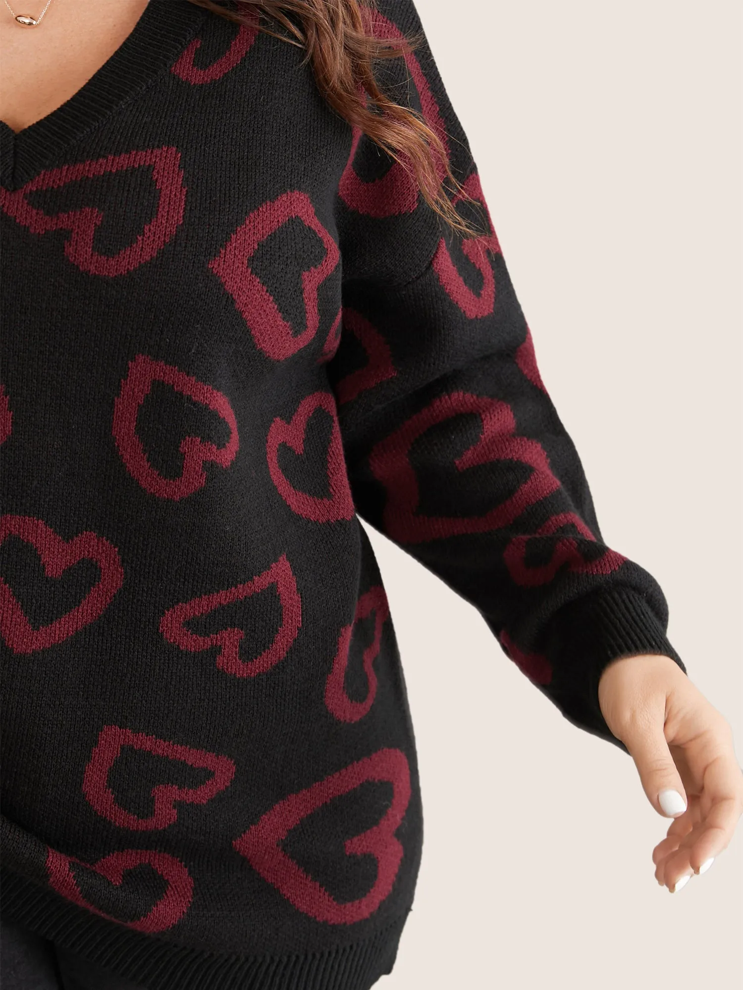 Heart Jacquard Contrast Drop Shoulder Pullover sold by Bloomchic product image thumbnail 3