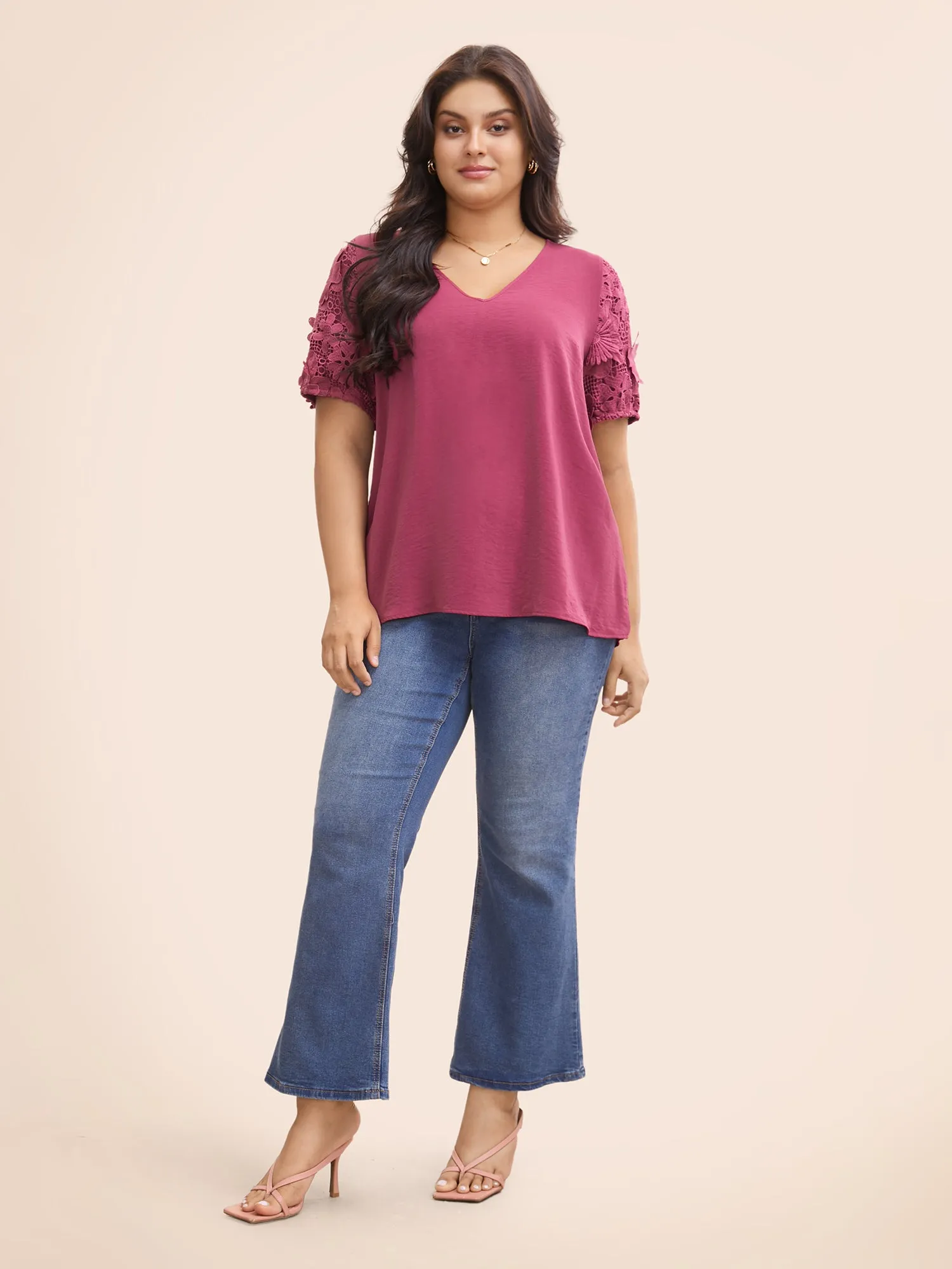 V Neck Lace Panel Slit Hem Blouse sold by Bloomchic product image thumbnail 2