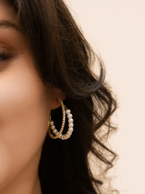 Pearl Cubic Zirconia Hoop Earring sold by Bloomchic