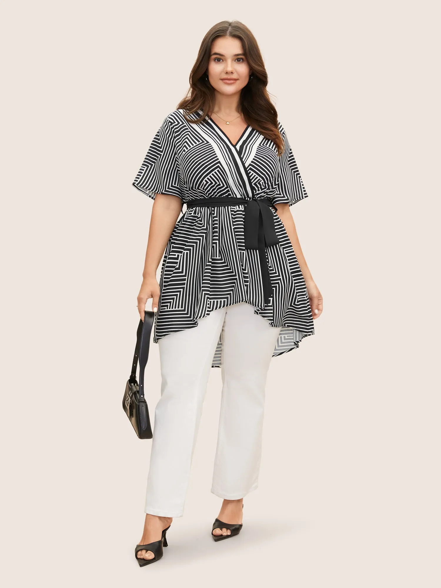 Geometric Striped Overlap Collar Pocket Blouse sold by Bloomchic product image thumbnail 4