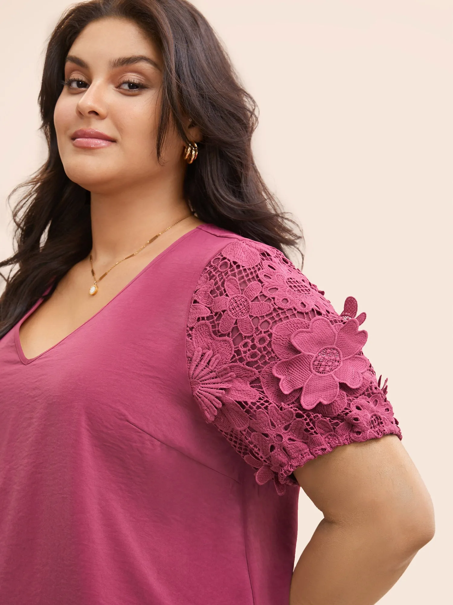 V Neck Lace Panel Slit Hem Blouse sold by Bloomchic product image thumbnail 3