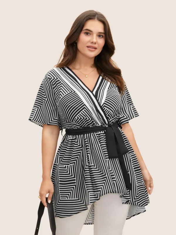 Geometric Striped Overlap Collar Pocket Blouse sold by Bloomchic