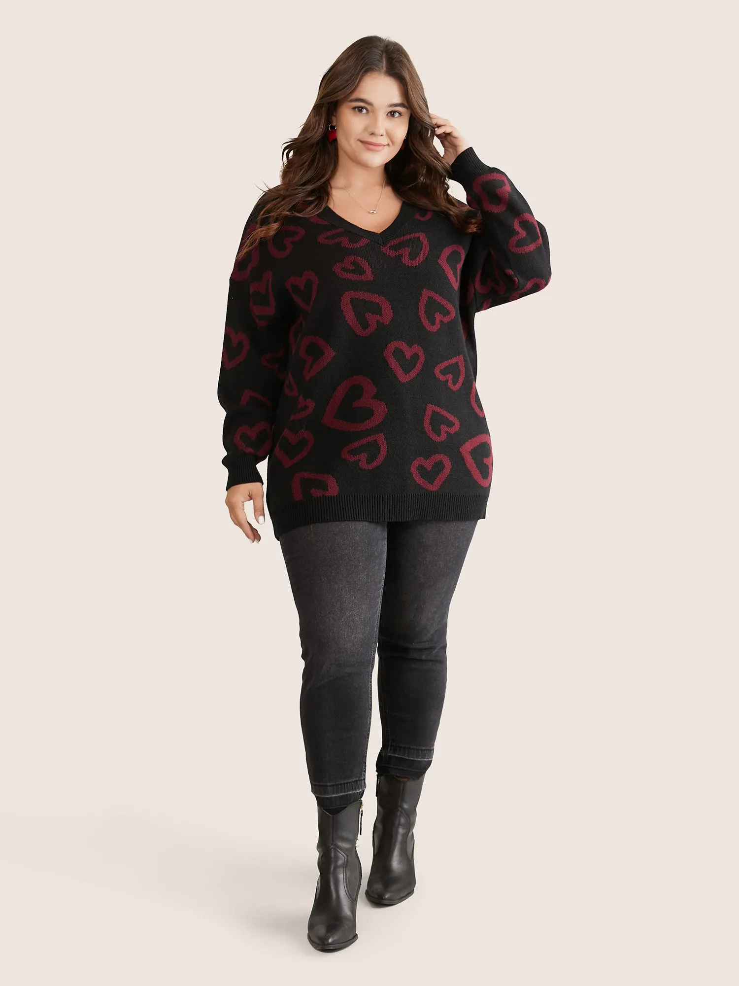 Heart Jacquard Contrast Drop Shoulder Pullover sold by Bloomchic product image thumbnail 2