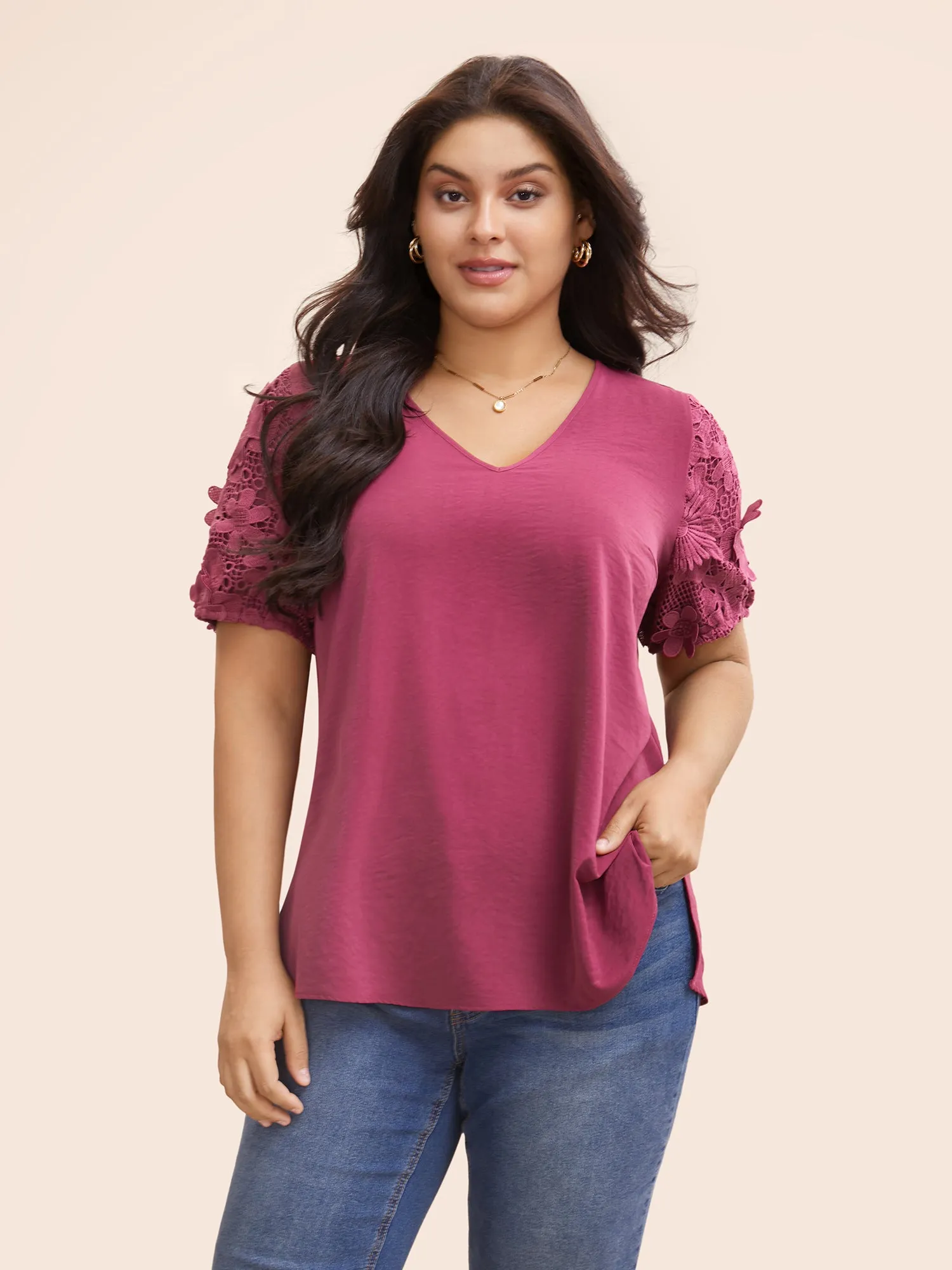 V Neck Lace Panel Slit Hem Blouse sold by Bloomchic