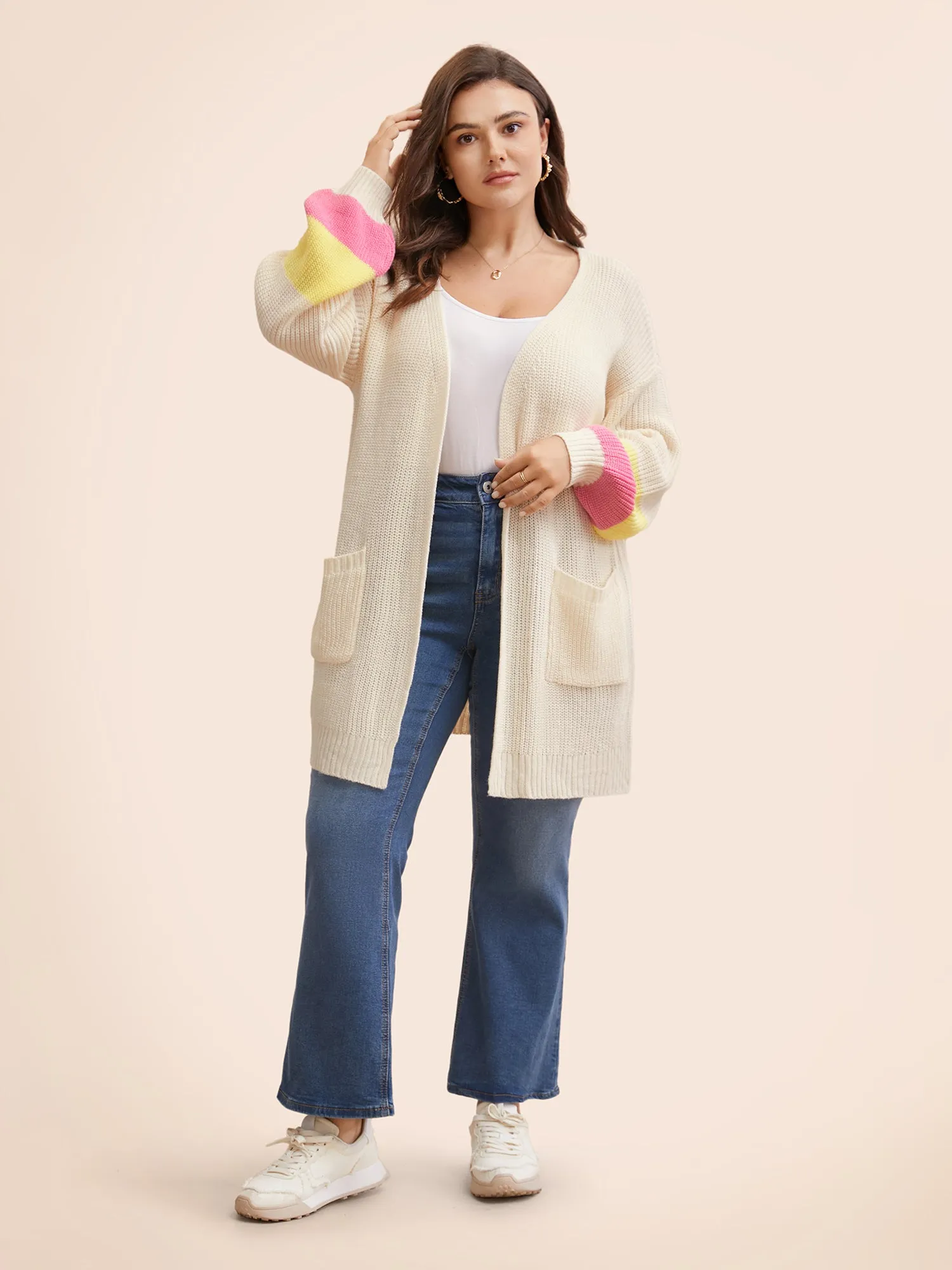 Colorblock Contrast Lantern Sleeve Pocket Cardigan sold by Bloomchic product image thumbnail 3
